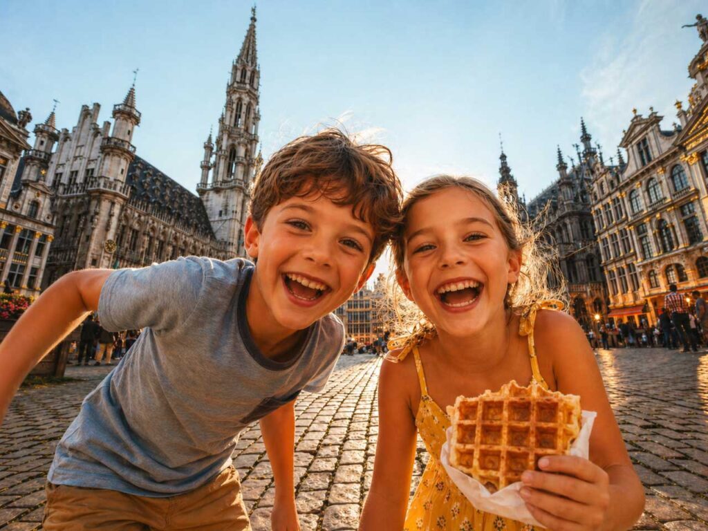 Two smiling kids lean toward the camera in a historic European square, with a girl holding a waffle wrapped in paper.