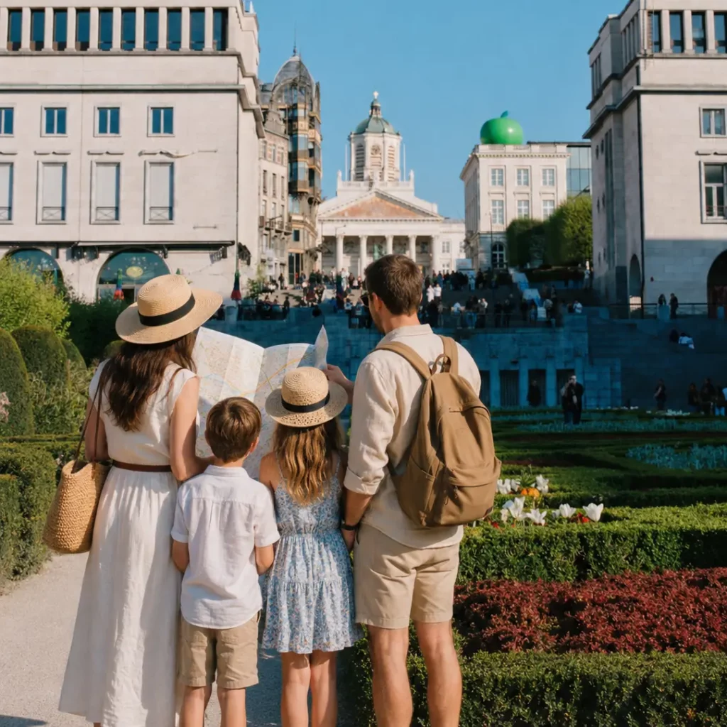 Family of four wearing straw hats stands with a map in a sunny city square, facing a grand neoclassical building.